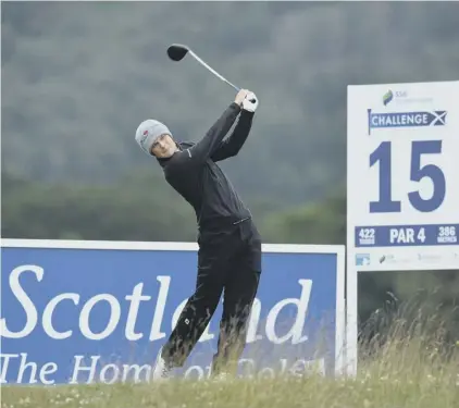  ??  ?? Leading Scot Jack Mcdonald tees off at the 15th hole at Macdonald Spey Valley in Aviemore on his way to a five-under-par 66 in the second round of the SSE Scottish Hydro Challenge.