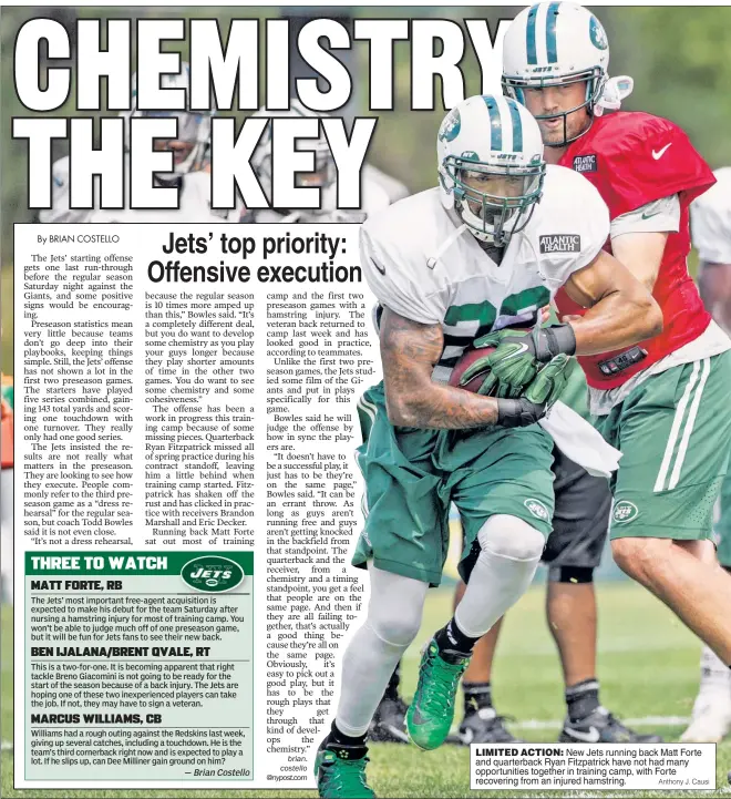  ?? Anthony J. Causi ?? LIMITED ACTION: New Jets running back Matt Forte and quarterbac­k Ryan Fitzpatric­k have not had many opportunit­ies together in training camp, with Forte recovering from an injured hamstring.