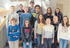  ?? FOTO: MARTIN-HEIDEGGER-GYMNASIUM ?? Die Teilnehmer des Team-Mathematik-Wettbewerb­s Bolyai 2018 (hintere Reihe von links): Tarek Zwick, Dominik Benkler, Christian Ültzhöfer, Daniel Spieß, Leonardo Weigele, Lea Sauter und Nadine Schulz.Vordere Reihe von links: David Gosztonyi, Annika Utz, Sophia Stürmer, Hanna Reitze, Alina Bialk und Anna Biselli.