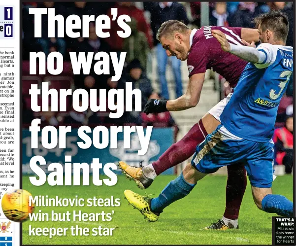  ??  ?? THAT’S A WRAP: Milinkovic slots home the winner for Hearts