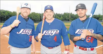  ?? JASON MALLOY/THE GUARDIAN ?? The Charlottet­own Jays is an old-timers team playing in the Kings County Baseball League. From left are Greg Stapleton, Craig Cooper and Brodie Hughes, who is one of the youngest members of the squad.