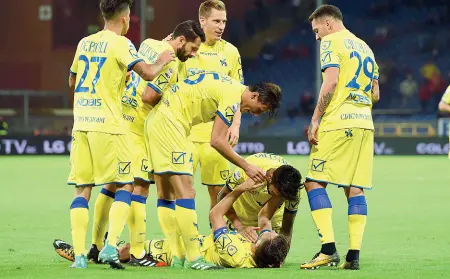  ??  ?? Gioia dopo il gol Hetemaj, a terra, festeggiat­o dai compagni subito dopo la sua rete che ha regalato un punto al Chievo ed evitato la sconfitta a Marassi