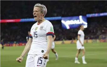  ?? AP FILE ?? CLAIMS FOUND WANTING: Megan Rapinoe celebrates after scoring her side’s second goal during the Women’s World Cup quarterfin­al soccer match between France and the United States in Paris on June 28, 2019.