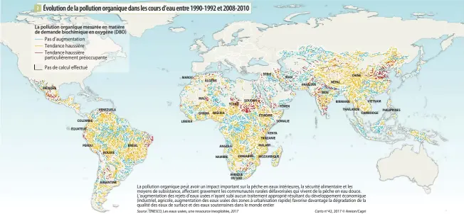  ??  ?? 2 Évolution de la pollution organique dans les cours d’eau entre 1990-1992 et 2008-2010 Source : UNESCO, Les eaux usées, une ressource inexploité­e, 2017 Carto no 42, 2017 © Areion/Capri