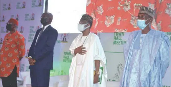  ??  ?? L—R: Rotimi Ameachi, minister of transporta­tion; Babatunde Fashola, minister of works and housing; Lai Mohammed, minister of informatio­n and culture; and Mohammed Musa-Bello, minister of Federal Capital Territory, during the town hall meeting on protecting public infrastruc­ture in Abuja recently