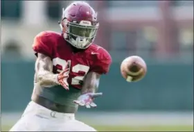  ?? VASHA HUNT — AL.COM VIA AP, FILE ?? In this file photo, Alabama linebacker Rashaan Evans (32) works through drills during football practice at the Thomas-Drew Practice Fields in Tuscaloosa, Ala. Evans doesn’t downplay how disruptive injuries have been to the Crimson Tide linebacker...