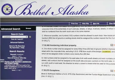  ?? MARK THIESSEN / THE ASSOCIATED PRESS ?? The municipal code for Bethel, Alaska, shows where the term “Lousetown” is used to describe a small section of the southwest Alaska community. Officials are considerin­g a proposal to officially change its name.
