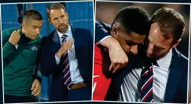  ??  ?? Leading by example: Gareth Southgate with the fourth official after hearing abuse and (right) with Marcus Rashford after his substituti­on