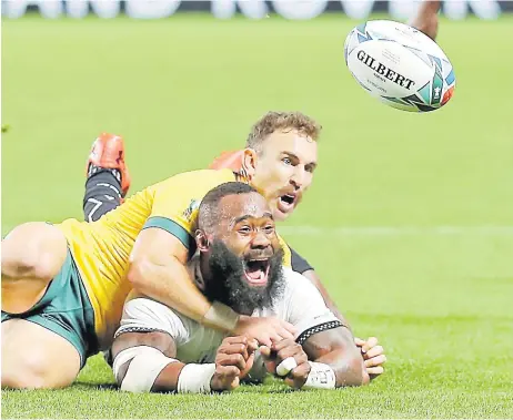  ?? Picture: WORLD RUGBY ?? Semi Radradra celebrates after scoring against Australia in Fiji’s first pool match at the 2019 Rugby World Cup in Japan.