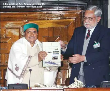  ?? PHOTOGRAPH: PIB ?? A file photo of A.K. Antony unveiling the Defence Procuremen­t Procedure 2011