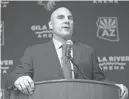  ?? PATRICK BREEN/AZCENTRAL SPORTS ?? Coyotes new head coach Rick Tocchet speaks during a news conference at Gila River Arena in Glendale on Thursday.