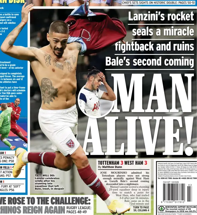  ??  ?? TATT WILL DO: Lanzini celebrates wildly after his stunning late equaliser that left Bale, inset, in despair