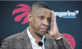  ?? BERNARD WEIL TORONTO STAR ?? Masai Ujiri wipes sweat as he talks to the media during a news conference about the trade involving DeMar DeRozan and Kawhi Leonard at Scotiabank Arena in Toronto on Friday.