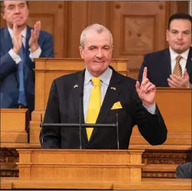  ?? RICH HUNDLEY IV/FOR THE TRENTONIAN ?? New Jersey Governor Phil Murphy delivers his 2022 Budget speech at the Statehouse in Trenton.