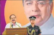  ?? SANCHIT KHANNA/HT ?? ■
Vice-President Venkaiah Naidu addresses the first Arun Jaitley Memorial Lecture at Delhi University on Tuesday.