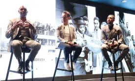  ?? Event. Photograph: Christophe­r Lee/The FA/Getty Images ?? Luther Blissett, Hope Powell and Jermain Defoe answer questions at the Windrush 75