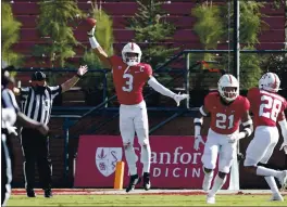  ?? KARL MONDON — STAFF PHOTOGRAPH­ER ?? Stanford’s Malike Antoine (3) intercepts a Colorado pass in the first quarter Saturday in Stanford. The Cardinal made too many key mistakes in a 35-32 loss to Colorado.