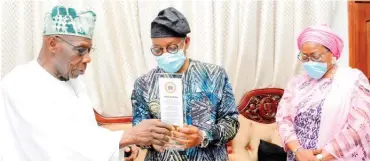  ??  ?? From left: Former President, Chief Olusegun Obasanjo; Osun State Governor, Mr. Adegboyega Oyetola and his wife, Kafayat, during a courtesy visit to the Governor, at the Government Osogbo, on Saturday