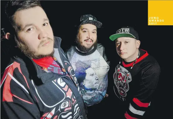  ??  ?? Tim Hill, left, Bear Witness and Ian Campeau of A Tribe Called Red are nominated for three Juno Awards and will perform at Sunday’s awards ceremony in Ottawa.