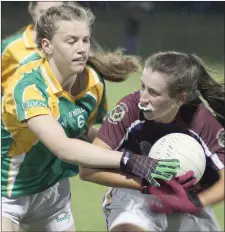  ??  ?? Rachel Murphy of HWH-Bunclody is tackled by Lorna Fortune (Clonee).