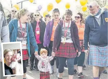  ??  ?? Brave Lily gets going with Gemma Darcy, left, mum Cheryl and Sir Tom Hunter. Inset: Lily with her mum