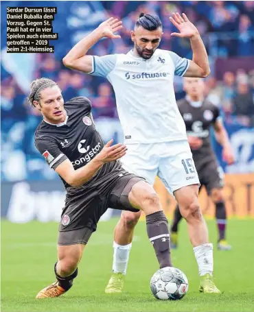  ??  ?? Serdar Dursun lässt Daniel Buballa den Vorzug. Gegen St. Pauli hat er in vier Spielen auch einmal getroffen – 2019 beim 2:1-Heimsieg.