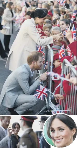  ??  ?? The Duke and Duchess of Sussex meeting children outside Edes House in Chichester, main image. Left, the couple at the University of Chichester on their first official visit to their adopted county.