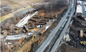  ?? Ohio. Photograph: Alan Freed/Reuters ?? A view of the site of the derailment of a train carrying hazardous waste in East Palestine,