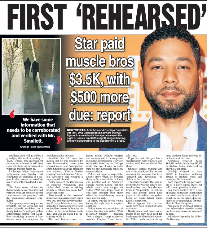  ??  ?? NEW TWISTS: Abimbola and Olabinjo Osundairo (far left), who Chicago police say are the two figures in surveillan­ce footage (above) on the night of Jussie Smollett’s (right) alleged beating, are now cooperatin­g in the department’s probe.