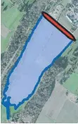 ?? GRAFIK: INGENIEURB­ÜRO RSI ?? Die schematisc­he Grafik zeigt die ungefähre Lage des geplanten Damms am Rand des Wolfentals (rot) und die maximale Einstauflä­che für das Wasser (blau).