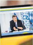  ?? FOTO: LINO MIRGELER/DPA ?? CSU-Chef Markus Söder im Parteitags­Livestream.