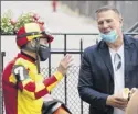  ??  ?? Winning jockey Junior Alvarado speaks with trainer T. E. Hamm after the Schuylervi­lle Stakes.