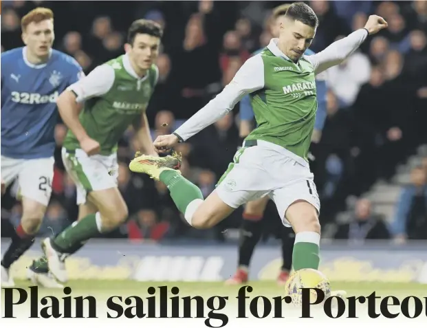  ??  ?? 0 January recruit Jamie Maclaren prepares to blast the match-winning penalty into the net as Hibs secured a 2-1 victory against Rangers. Right, his grinning team-mate Ryan Porteous celebrates at full-time in front of the travelling supporters.