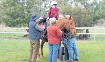  ??  ?? Handy: Volunteers help Willy Almond get on his horse Conroy.