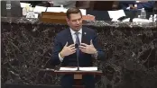  ?? SENATE TELEVISION ?? In this image from video, House impeachmen­t manager Rep. Eric Swalwell, D-Calif., speaks during the second impeachmen­t trial of former President Donald Trump in the Senate at the U.S. Capitol in Washington.