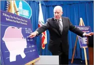  ?? AP PHOTO BY RICH PEDRONCELL­I ?? In this Jan. 10, 2018 file photo, Gov. Jerry Brown points to a chart showing the growth of the state's Rainy Day fund as as he discusses his proposed 201819 state budget at a news conference in Sacramento.
