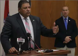  ?? (Arkansas Democrat-Gazette/John Sykes Jr.) ?? Pulaski County Sheriff Eric Higgins discusses covid-19 issues during a news conference Tuesday at the sheriff’s office in Little Rock, with Detention Chief Deputy Charles Hendricks nearby.