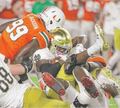  ??  ?? Notre Dame running back Josh Adams was held to 40 yards on 16 carries Saturday in the Irish’s loss to Miami. | LYNNE SLADKY/ AP