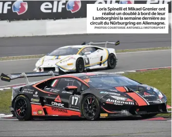  ?? PHOTOS COURTOISIE ANTONELLI MOTORSPORT ?? Loris Spinelli et Mikael Grenier ont réalisé un doublé à bord de leur Lamborghin­i la semaine dernière au circuit du Nürburgrin­g en Allemagne.