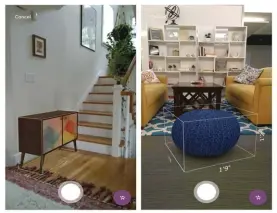  ??  ?? Ikea's augmented reality app called IKEA Place, on an iPhone, allowing a user to superimpos­e virtual images over real-life settings. The app allows shoppers to see how furniture will look in their living room or other space before buying it