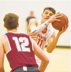  ?? APRIL GAMIZ/THE MORNING CALL ?? Moravian Academy’s Jordan Holmqvist had 31 points in Saturday’s game against Bangor. The Lions won on a last-second basket.