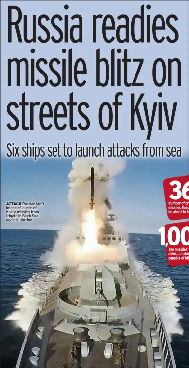  ?? ?? ATTACK Russian MoD image of launch of Kalibr missiles from frigate in Black Sea against Ukraine