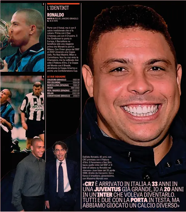  ??  ?? 2 4 LE SUE SQUADRE Dall’alto Ronaldo, 42 anni, con CR7 premiato con il Pallone d’Oro. Il Fenomeno a San Siro bacia quello vinto nel 1997 AP Il fallo di Iuliano su Ronaldo nel «famoso» Juve-Inter del 26 aprile 1998, diretto da Ceccarini. Qui a fianco il brasiliano, giovanissi­mo, con Massimo Moratti ANSA