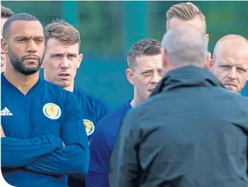  ??  ?? Ryan Jack listens as Steve Clarke addresses his squad during the internatio­nal double-header