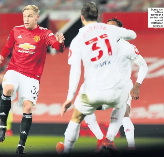  ??  ?? Scott McTominay heads home United’s winner
Donny van de Beek played in a central role against Watford on Saturday