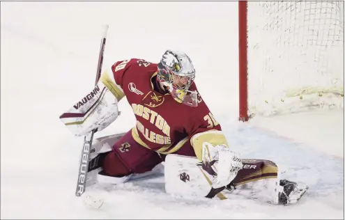  ?? Richard T Gagnon / Getty Images ?? Boston College goalie Spencer Knight, a Darien native, was a unanimous Hockey East first-team selection and was named the conference Goaltender of the Year on Friday.