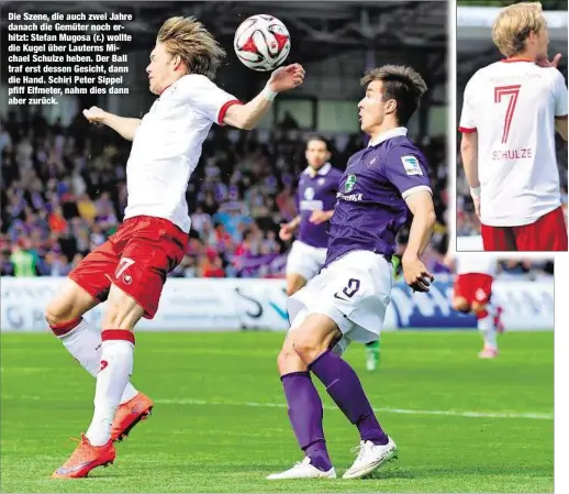  ??  ?? Die Szene, die auch zwei Jahre danach die Gemüter noch erhitzt: Stefan Mugosa (r.) wollte die Kugel über Lauterns Michael Schulze heben. Der Ball traf erst dessen Gesicht, dann die Hand. Schiri Peter Sippel pfiff Elfmeter, nahm dies dann aber zurück.