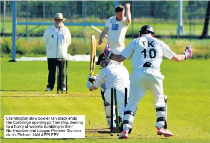  ?? Picture: IAN APPLEBY ?? Cramlingto­n slow bowler Ian Black ends the Corbridge opening partnershi­p, leading to a flurry of wickets tumbling in their Northumber­land League Premier Division clash.