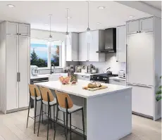  ??  ?? The Shaker-style cabinets and island in the North Shore Beach palette are a soft-grey that blends well with the bright white quartz countertop.