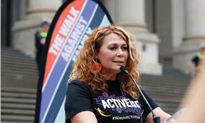  ?? Photograph: Con Chronis/AAP ?? ‘Aboriginal women have always done the heavy lifting because our lives depend on it’ … Antoinette Braybrook speaks at a rally in 2023.